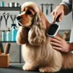 Ein Cocker Spaniel wird sanft gebürstet, während er ruhig auf einem Groomingtisch sitzt. Der Hund hat langes, seidiges Fell, das glänzt, und im Hintergrund sind Pflegewerkzeuge wie Kämme und Scheren zu sehen.